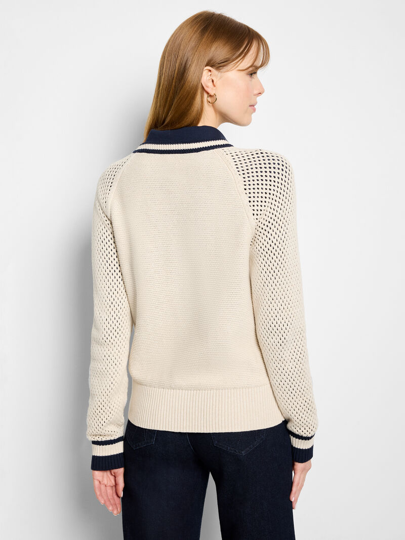 Woman Wears Cotton Mesh Zipped Up Cardigan image number 3