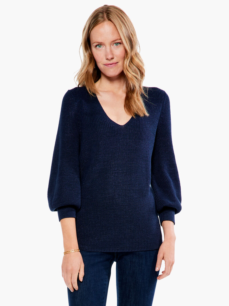 Woman Wears Shaker Knit V Neck Sweater image number 0