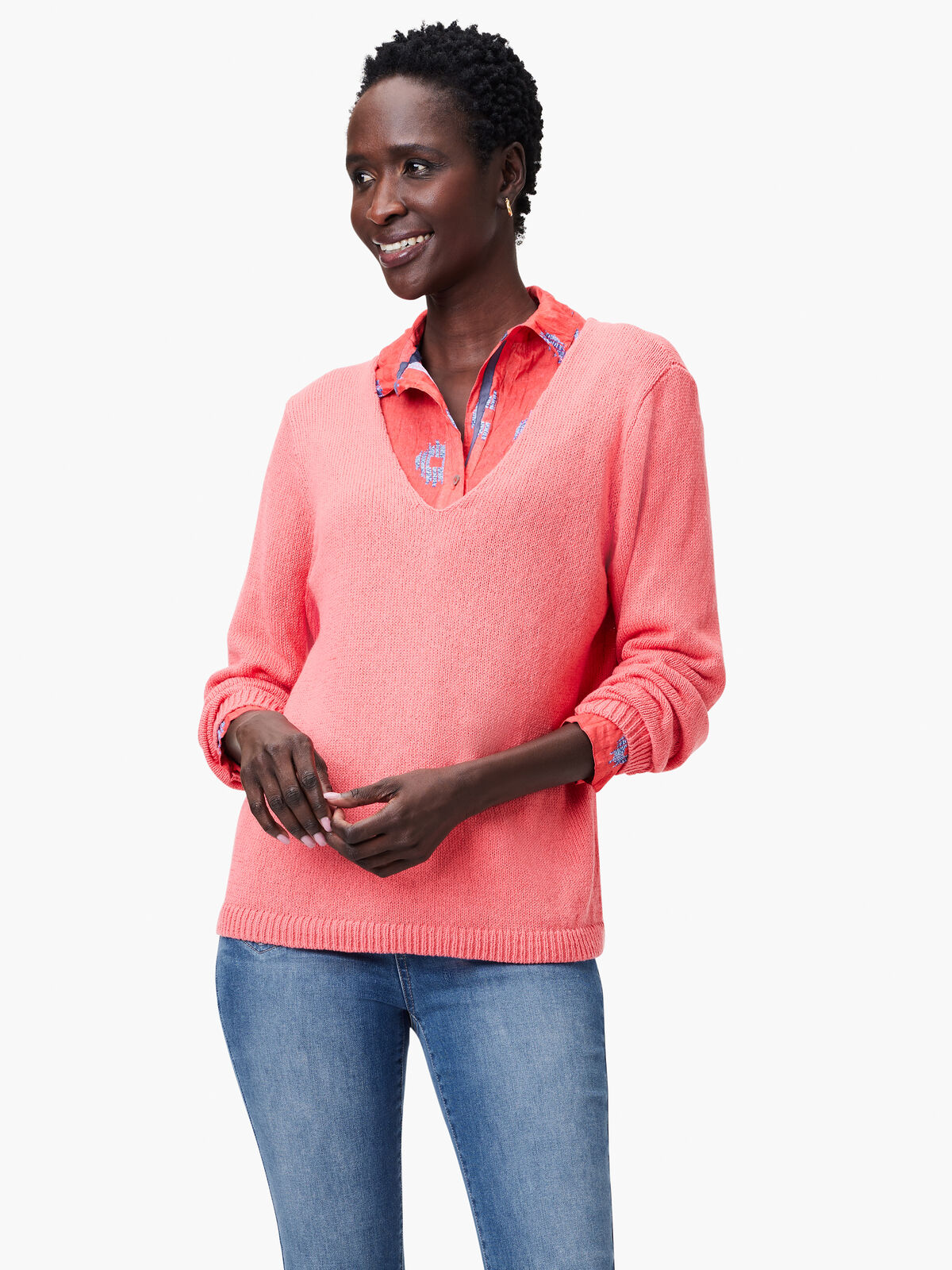 Cotton Cord Soft V-Neck Sweater