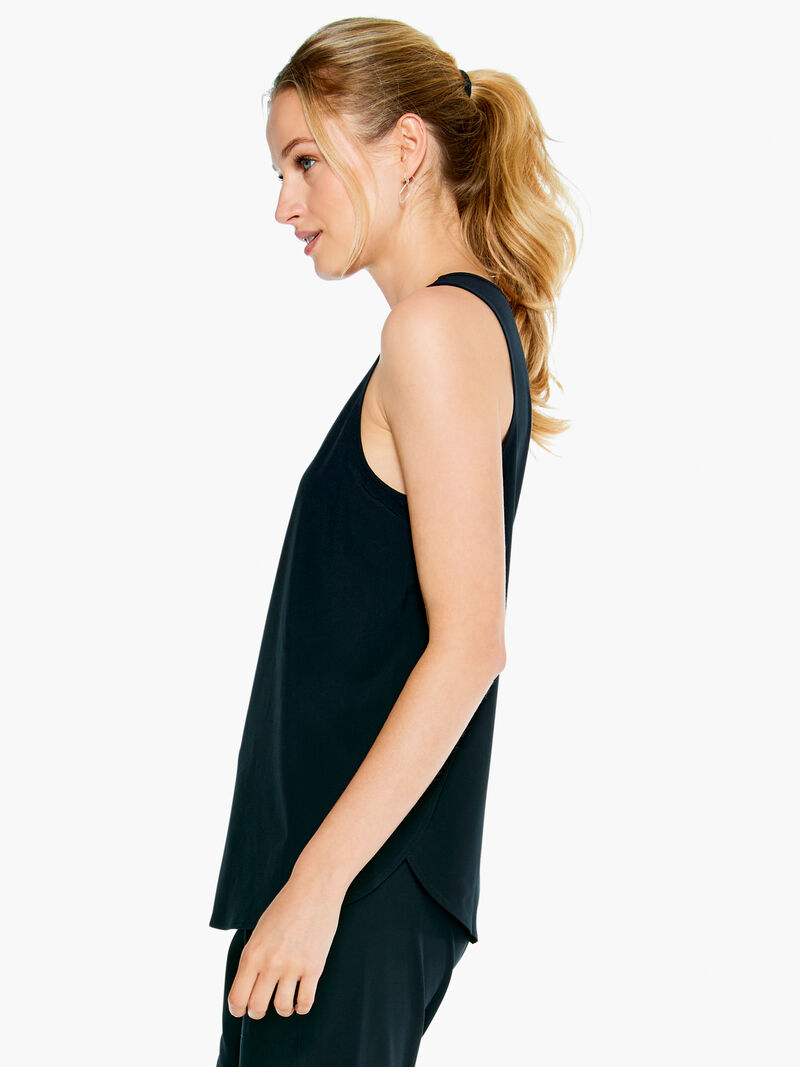 Woman Wears Tech Stretch Wrap Around Tank image number 1