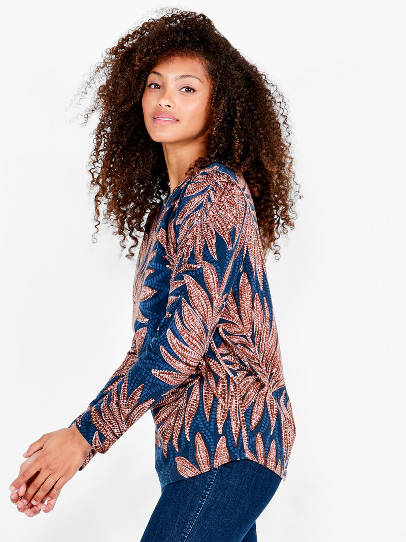 Woman Wears NZT Batik Ferns Long Puff Sleeve Tee image number 1