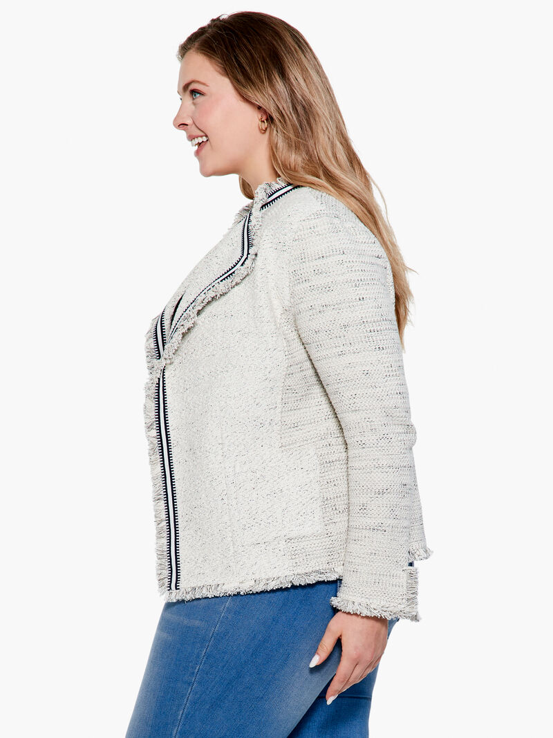 Woman Wears Ribbon Trim Fringe Knit Jacket image number 1