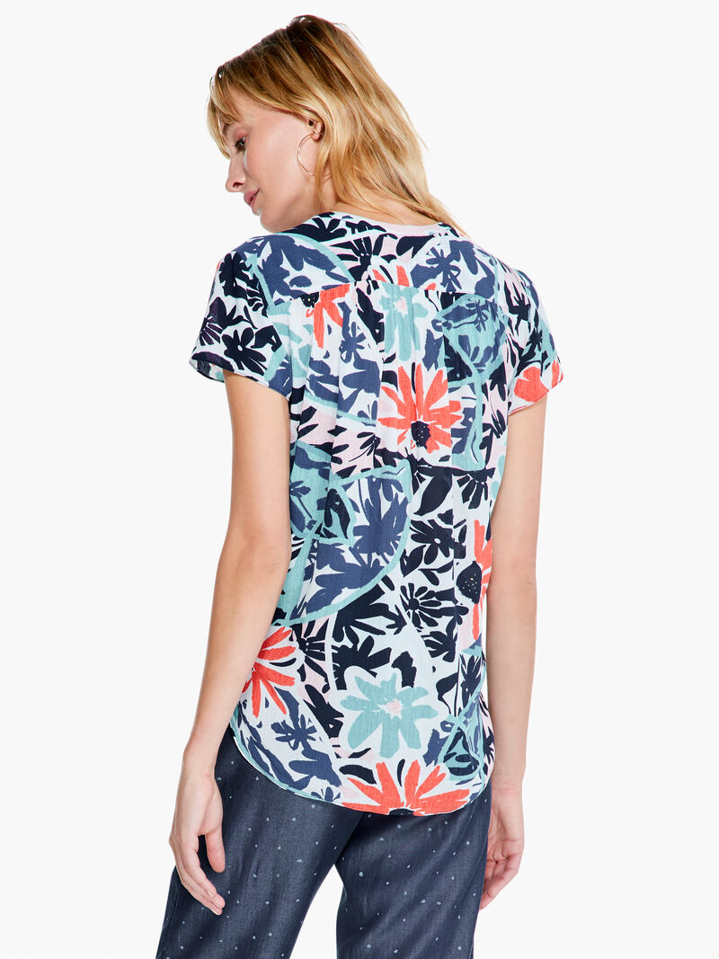 Woman Wears Tropical Patchwork Top image number 2