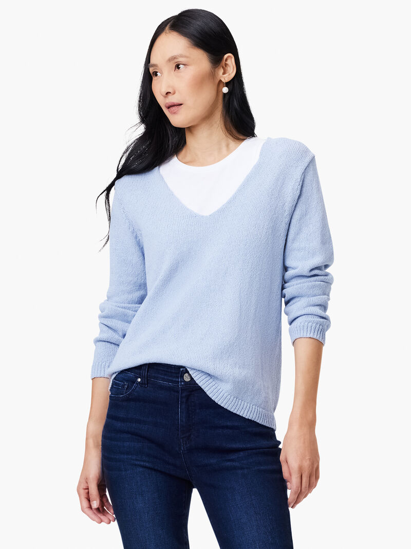 Woman Wears Cotton Cord Soft V-Neck Sweater image number 3