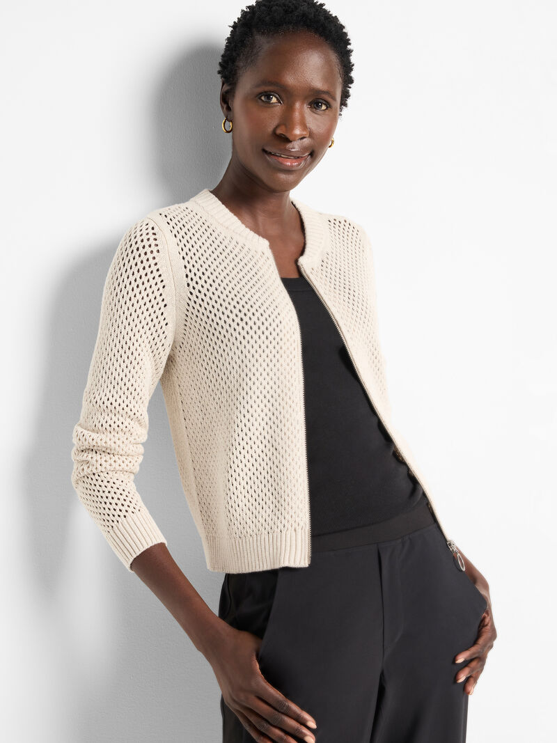 Woman Wears Zip Front Mesh Cardigan image number 0