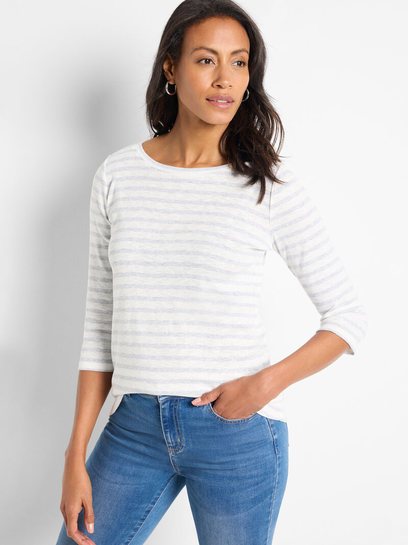 Woman Wears NZT 3/4 Sleeve Stripe Boat Tee image number 0