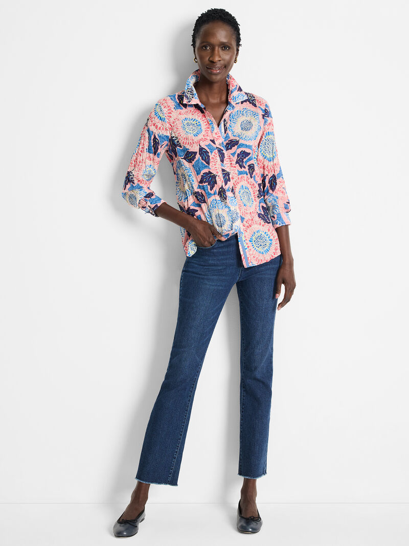Woman Wears Scribble Blooms Cotton Crinkle Shirt image number 1