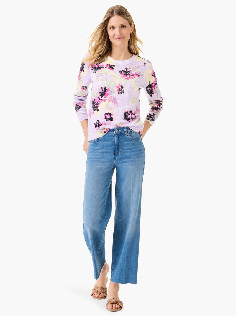 Woman Wears Tossed Florals Button Shoulder Cashmere Sweater image number 1