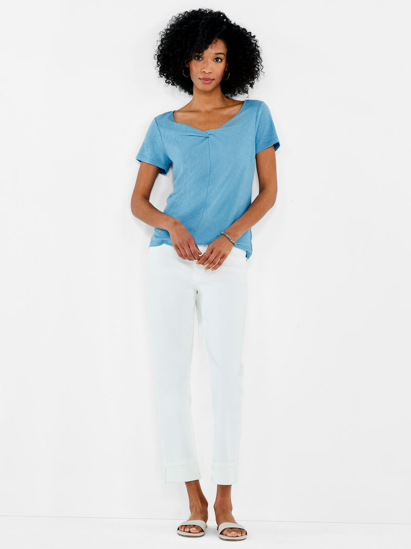 Woman Wears NZT Short Sleeve Knotted V-Neck Tee image number 3