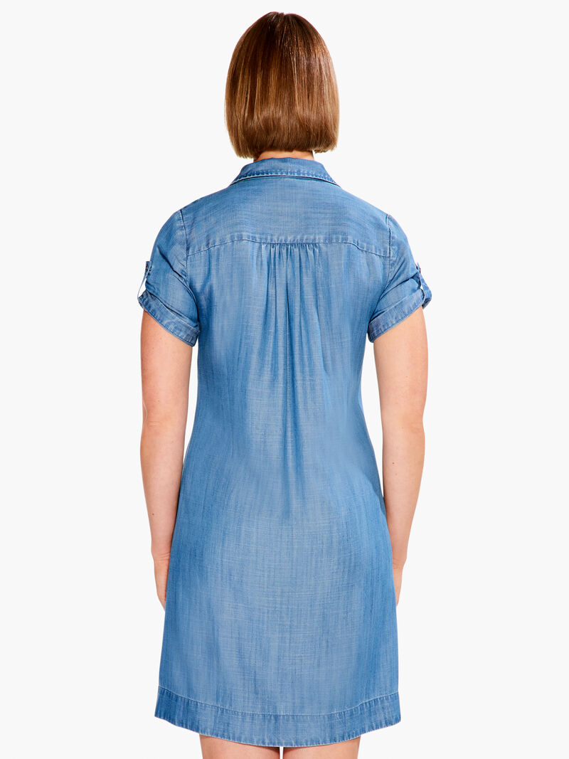 Woman Wears Drapey Denim Shirt Dress image number 2
