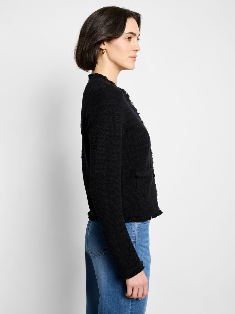 Woman Wears Fringe Mix Femme Knit Jacket image number 4