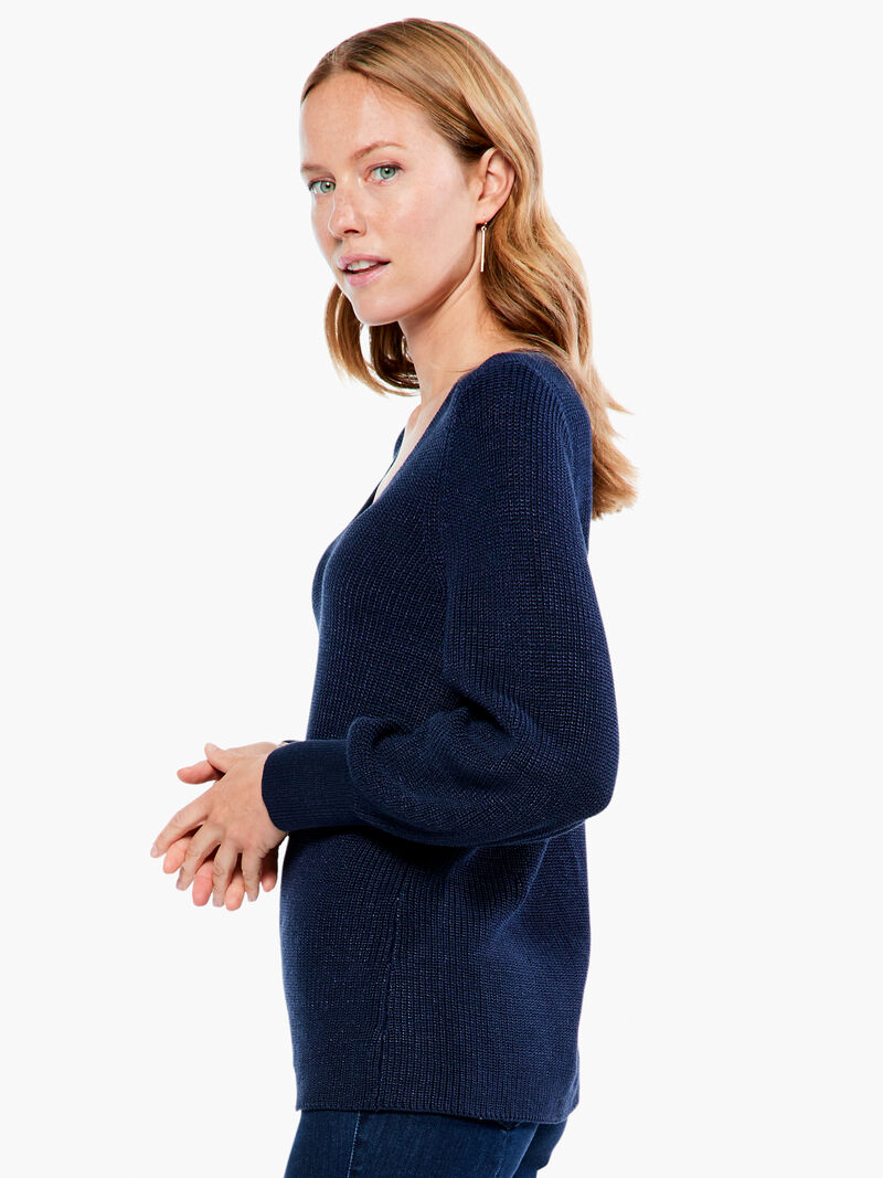 Woman Wears Shaker Knit V Neck Sweater image number 1