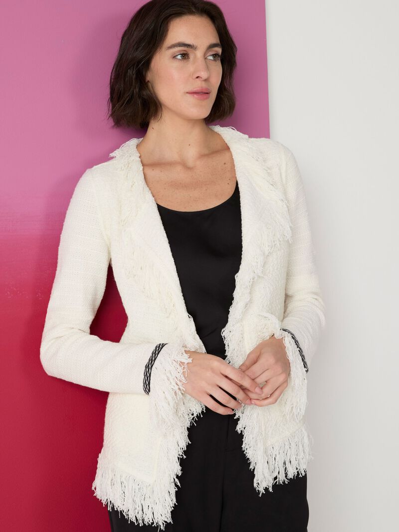 Woman Wears Statement Fringe Mix Knit Jacket image number 0