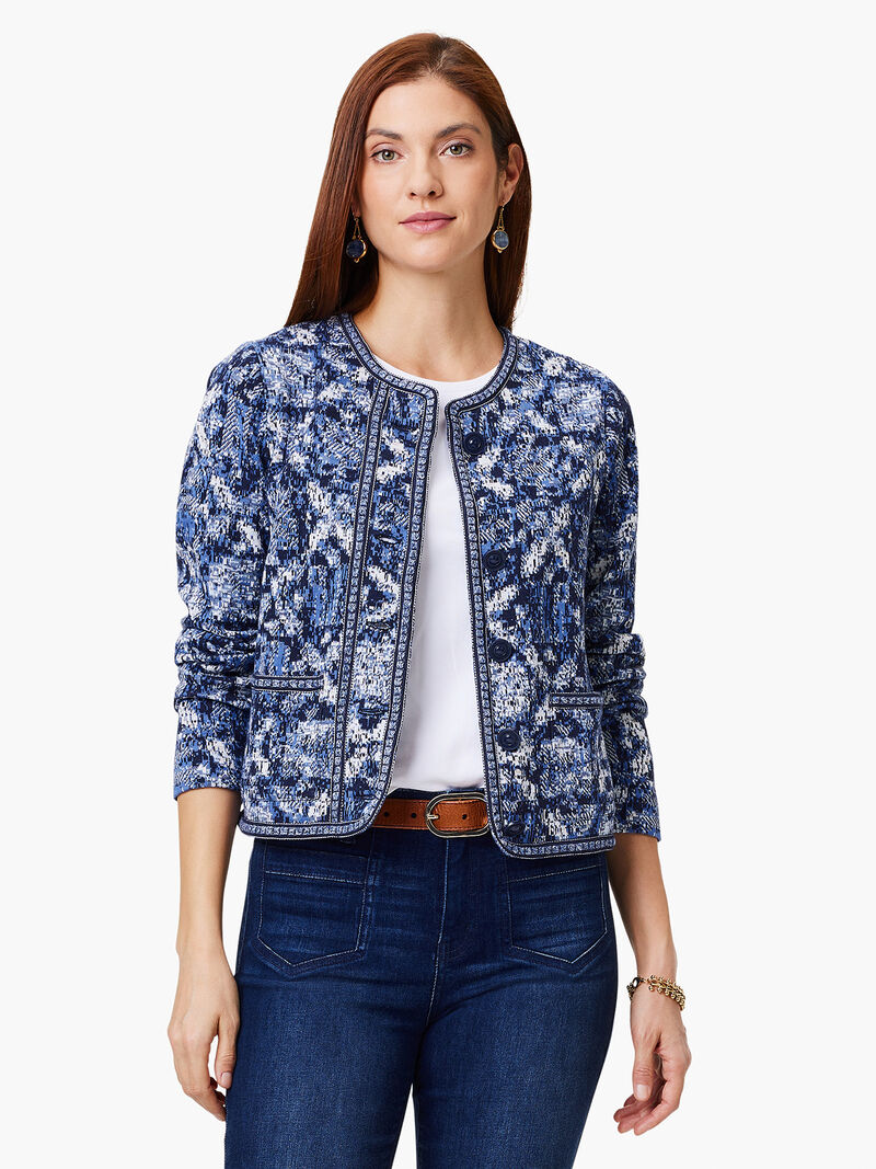 Woman Wears Indigo Geo Knit Jacket image number 0