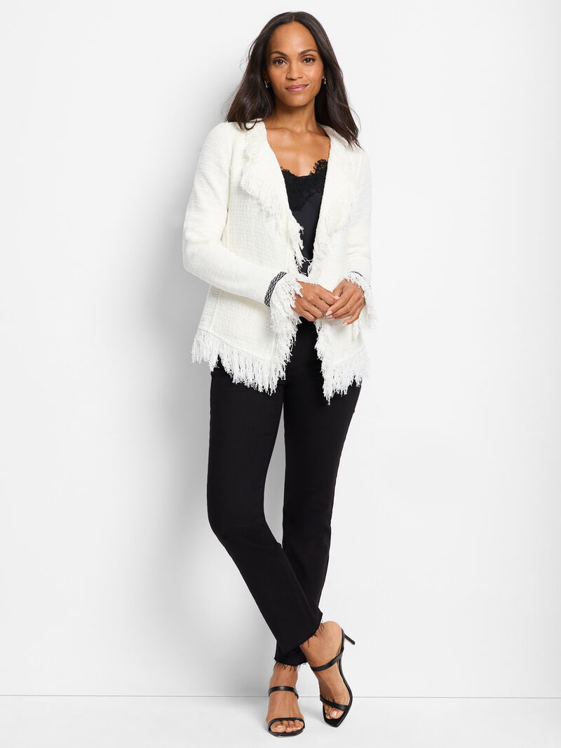 Woman Wears Statement Fringe Mix Knit Jacket image number 2