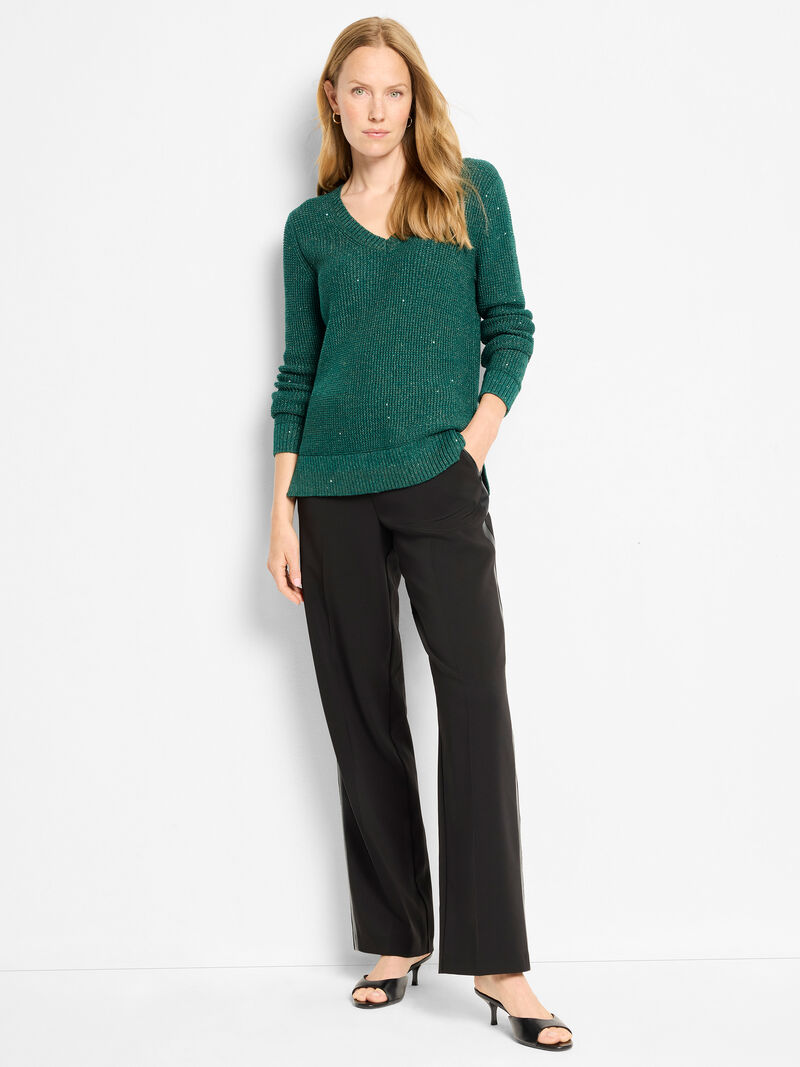 Woman Wears Shimmer Waffle V-Neck Sweater image number 1