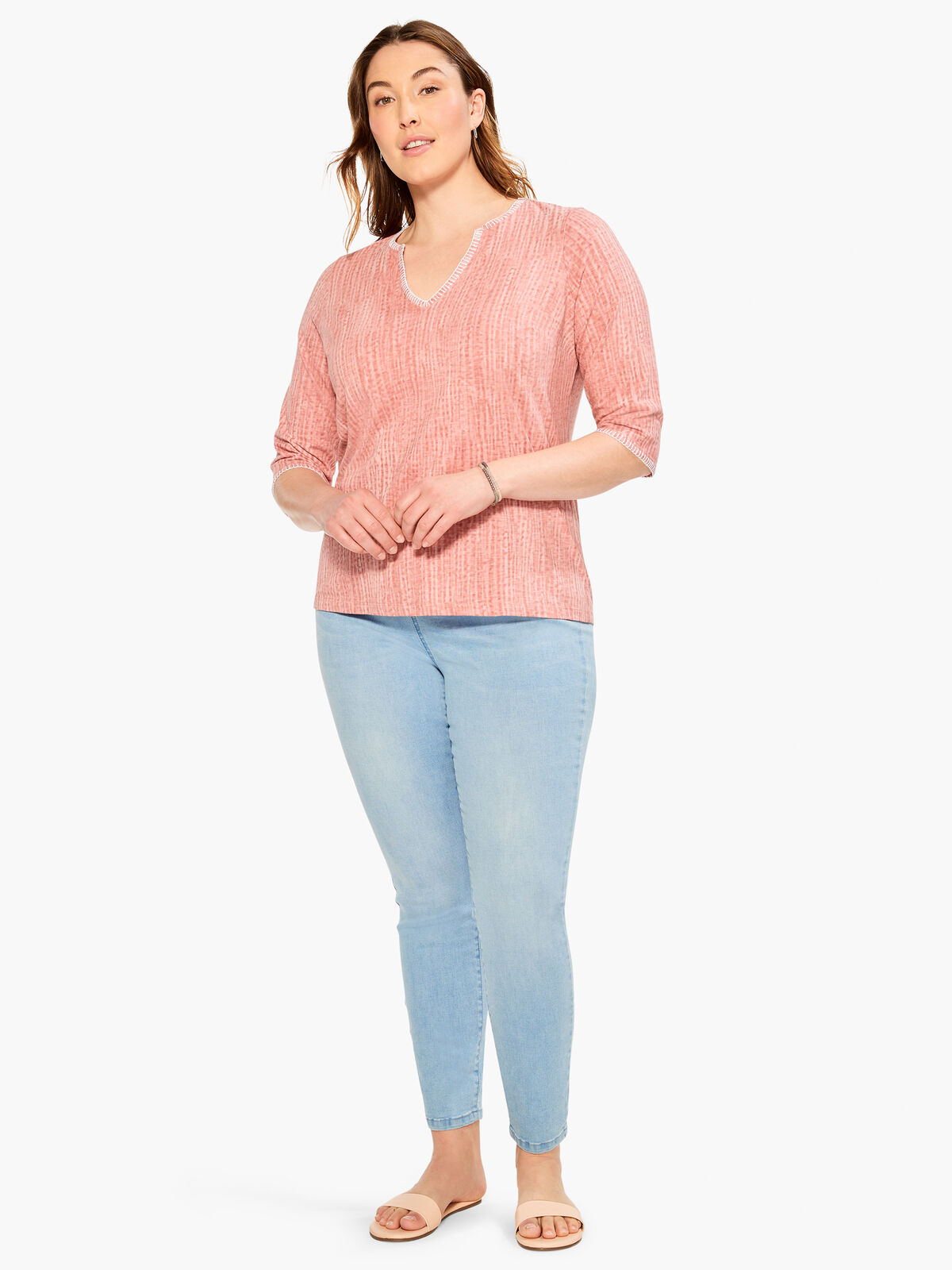 NZT 3/4 Sleeve Split Collar Stitch Top