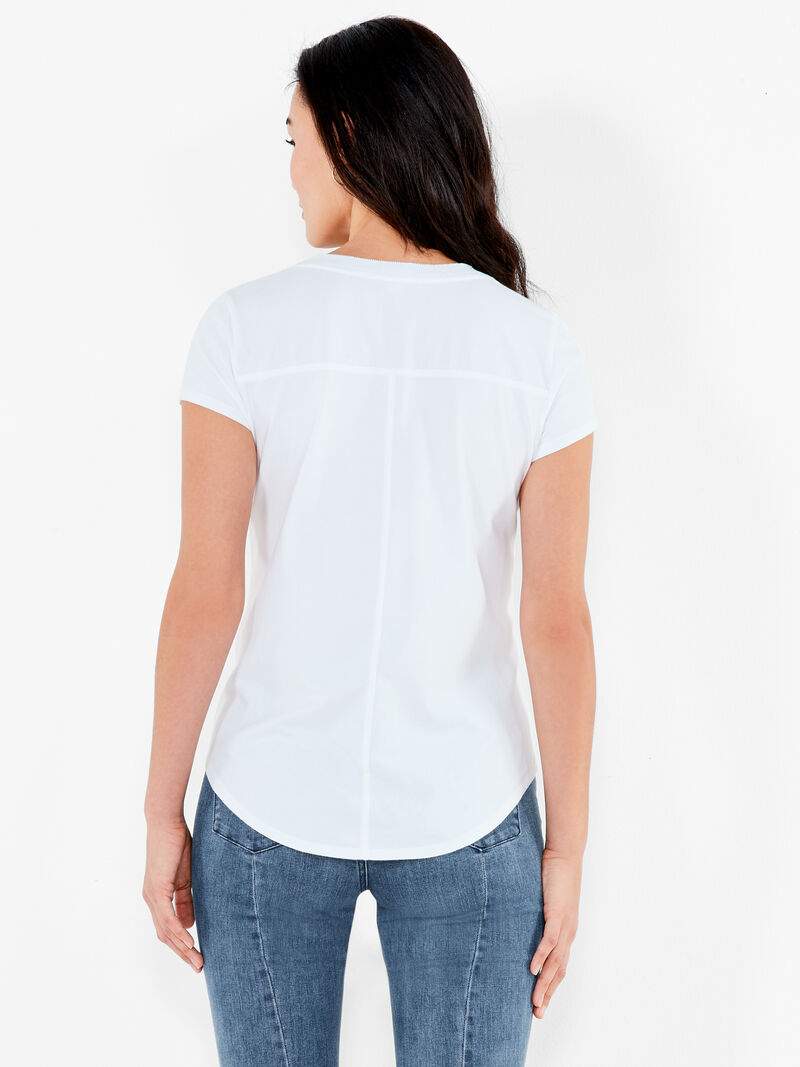 Woman Wears NZT Short Sleeve Rib Trim V Tee image number 3