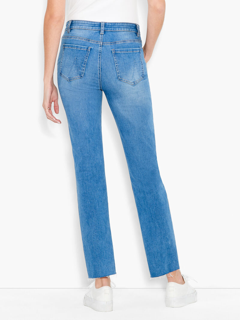 Woman Wears NZ Denim 28" Mid Rise Straight Ankle Jeans image number 2