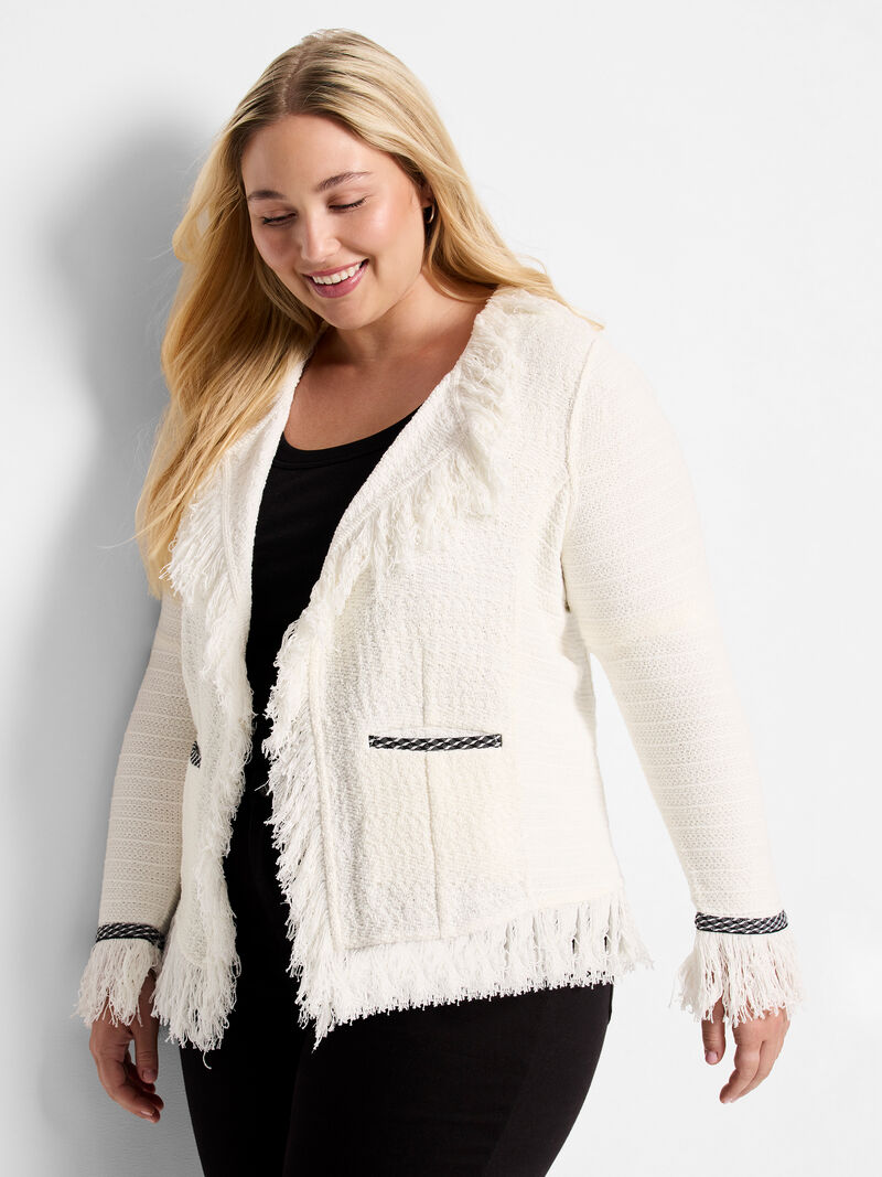Woman Wears Statement Fringe Mix Knit Jacket image number 0