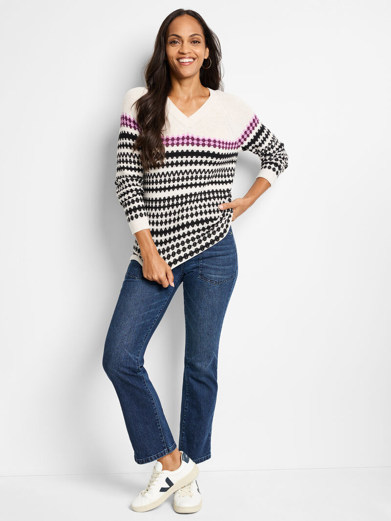 Woman Wears Pattern Cashmere Blend V-Neck Sweater image number 1