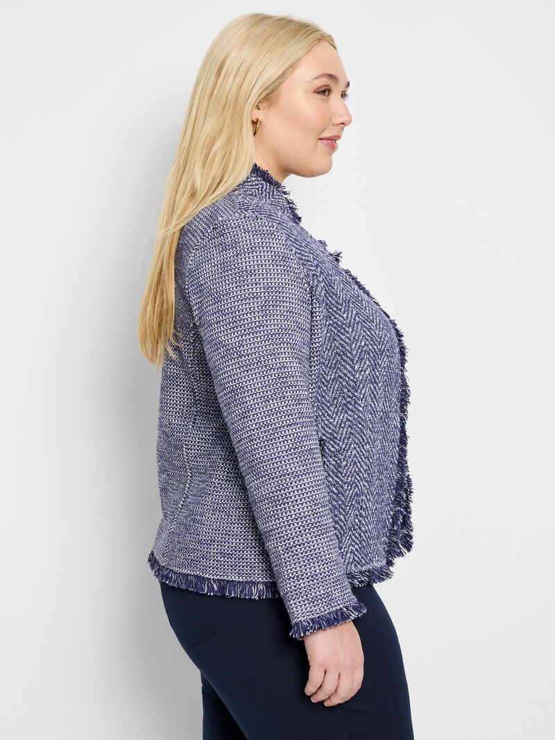 Woman Wears Notch Collar Fringe Mix Knit Jacket image number 2