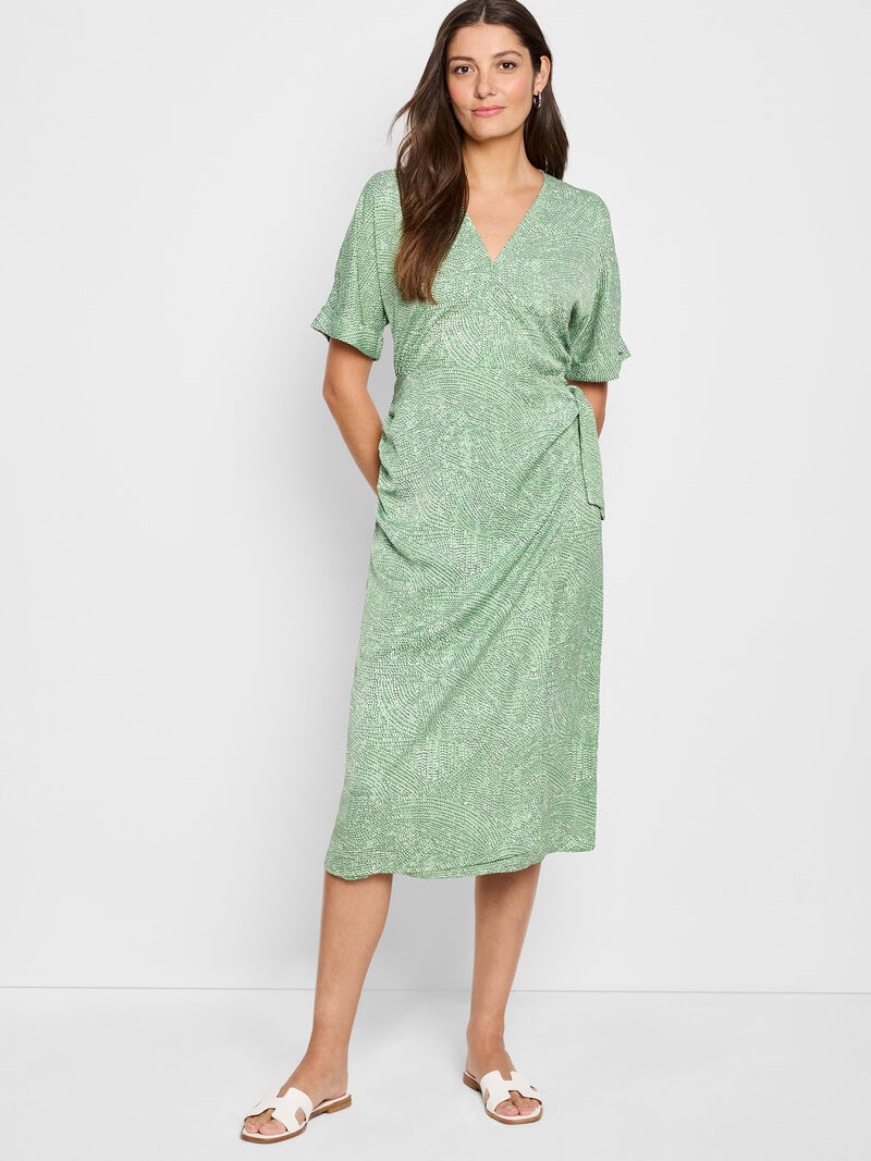 Woman Wears Swirling Sands Wren Wrap Dress image number 1