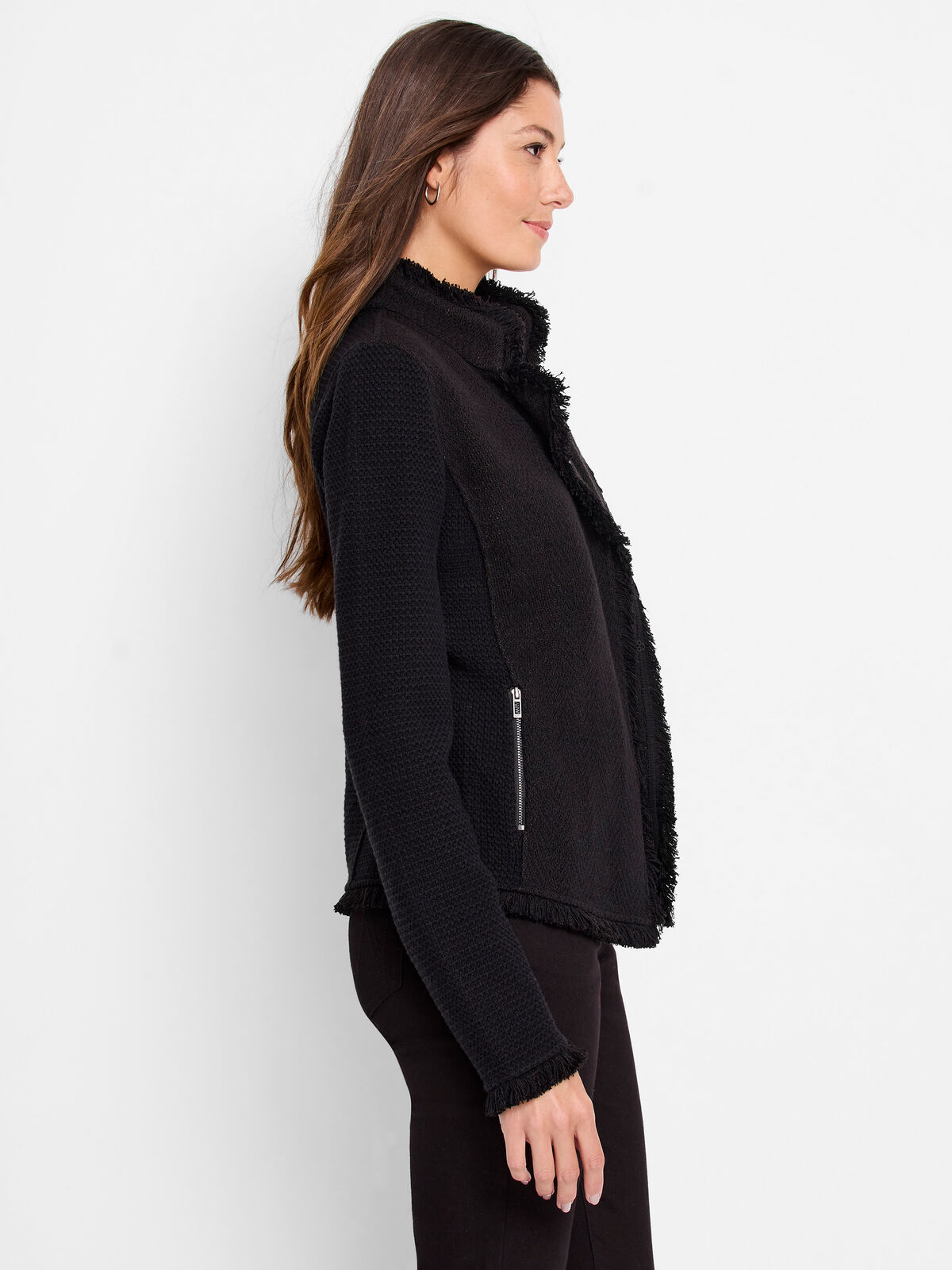 Collared Fringe Mix Knit Jacket