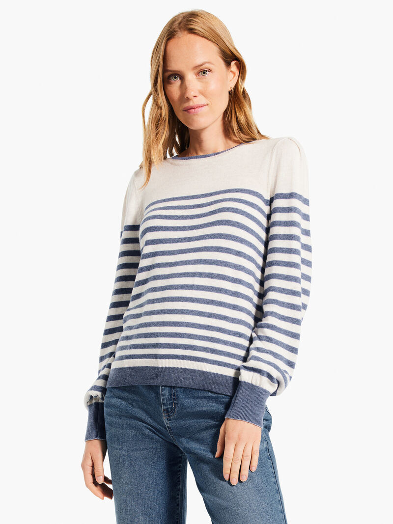 Woman Wears Striped Femme Sleeve Sweater image number 0