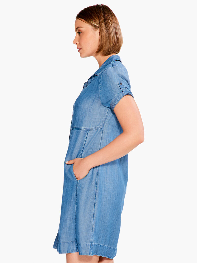 Woman Wears Drapey Denim Shirt Dress image number 1