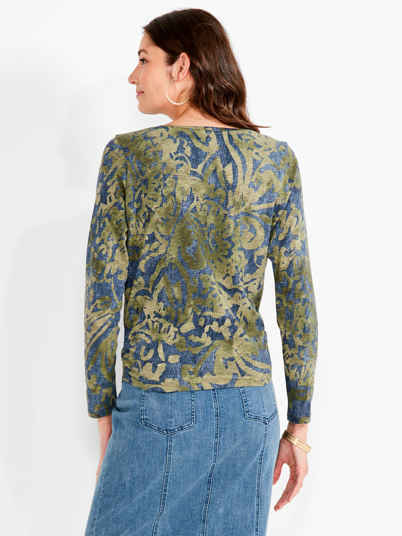 Woman Wears NZT Watercolor Camo Bracelet Sleeve Knot Front Tee image number 2