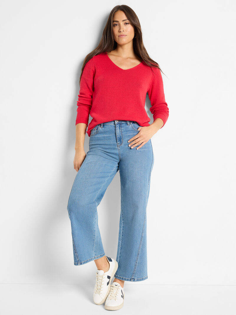 Woman Wears Cotton Cord Soft V-Neck Sweater image number 1
