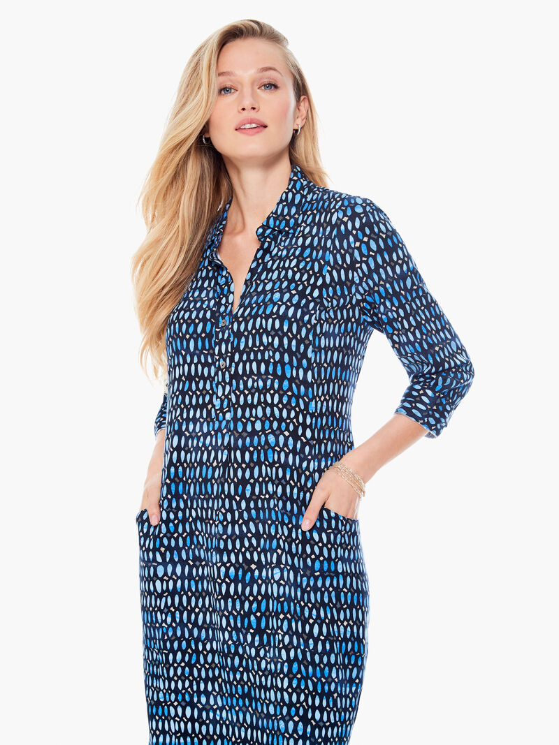 Woman Wears Blue Mosaic Live In Dress image number 0