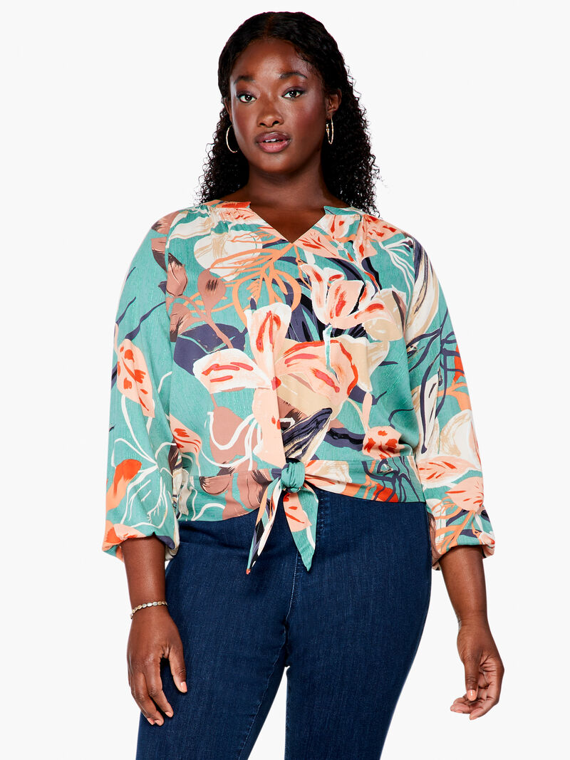 Woman Wears Artful Floral Live In Tie Top image number 0