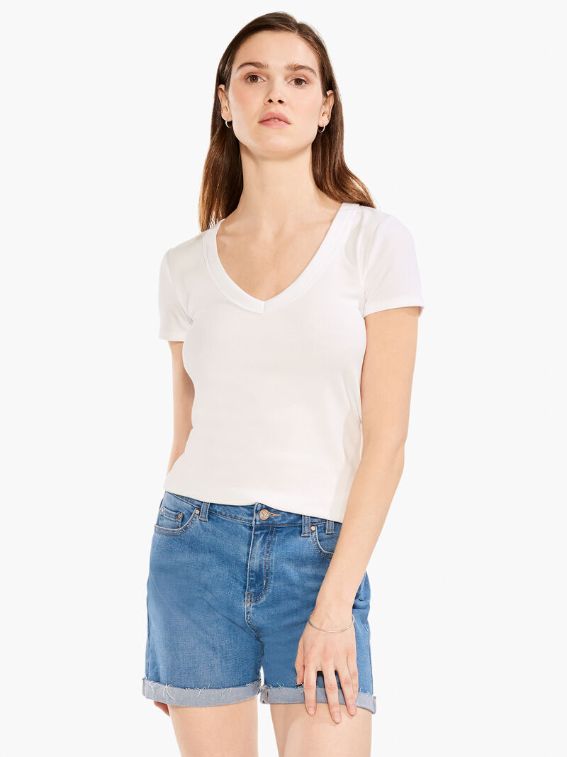 Woman Wears Perfect Knit Rib Short Sleeve V Tee image number 3
