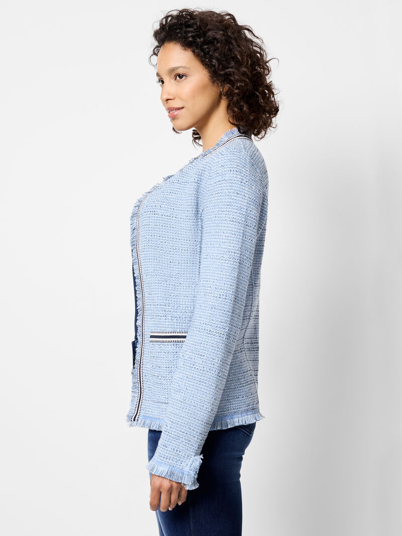 Woman Wears Indigo Fringe Mix Knit Jacket image number 2