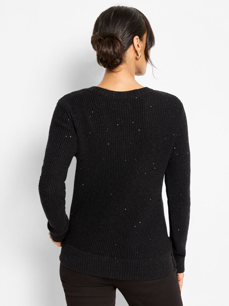 Woman Wears Shimmer Waffle V-Neck Sweater image number 5