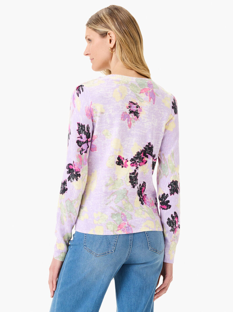 Woman Wears Tossed Florals Button Shoulder Cashmere Sweater image number 3