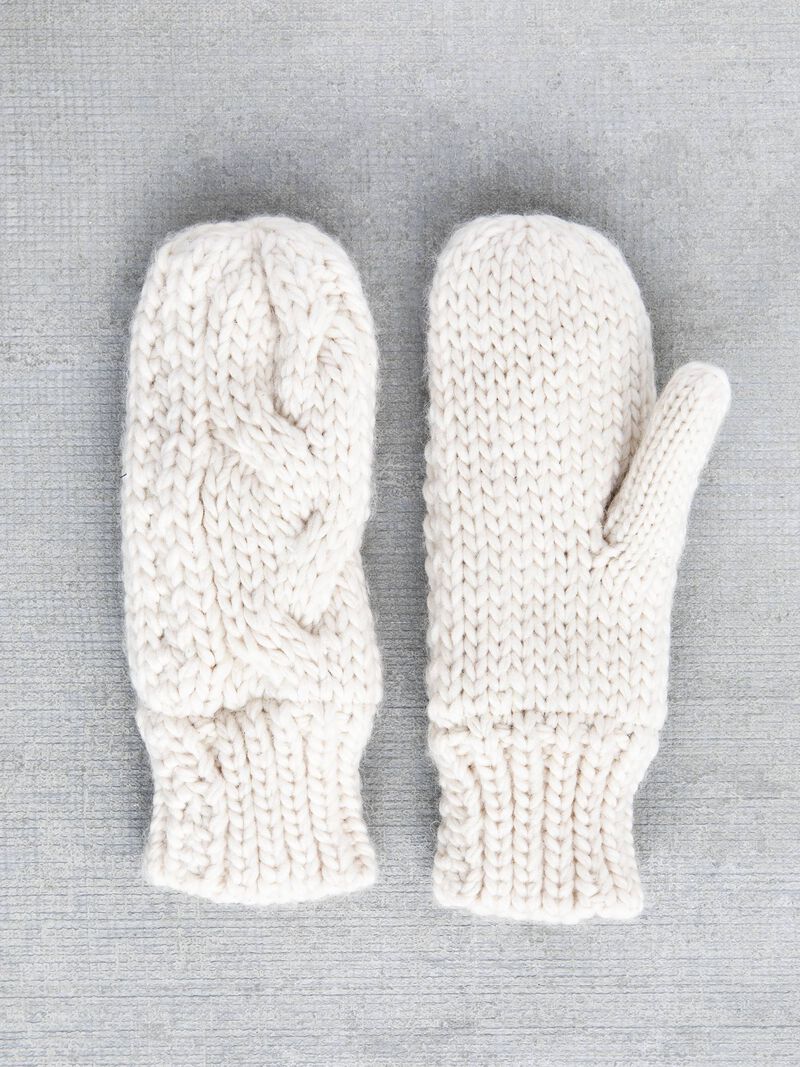 Woman Wears Hat Attack Fisherman Cable Mitten image number 0