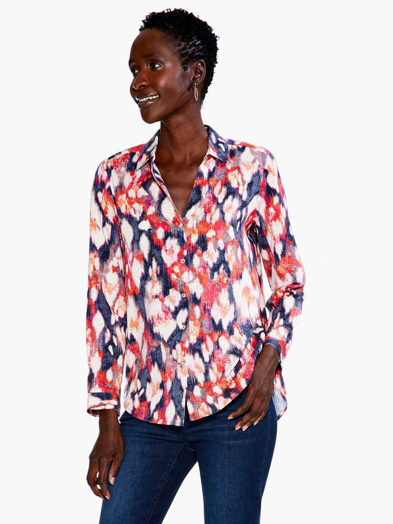 Woman Wears Floral Ikat Live In Shirt image number 0