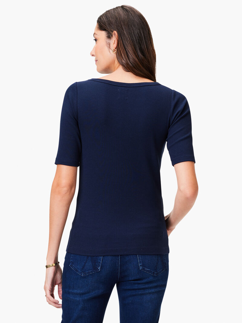 Woman Wears Perfect Knit Rib Elbow Sleeve Boatneck Tee image number 2