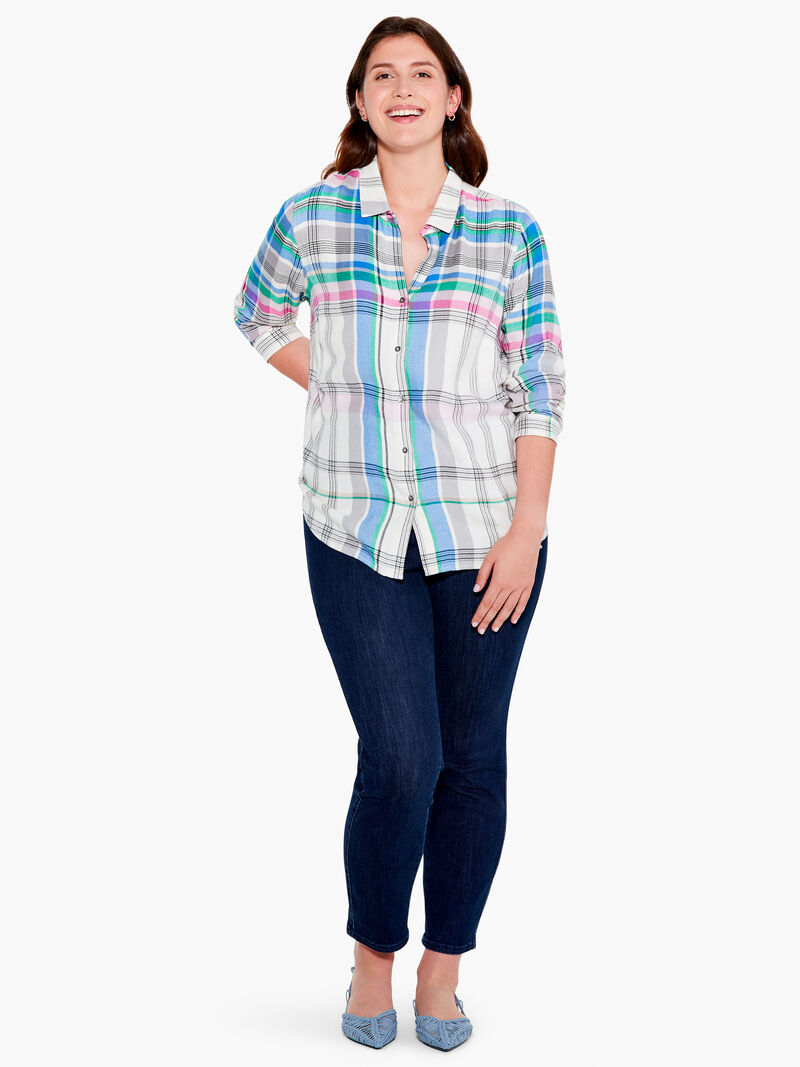 Woman Wears Here To There Plaid Shirt image number 3