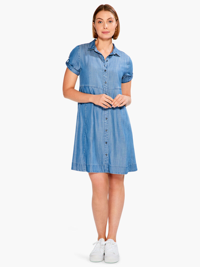 Woman Wears Drapey Denim Shirt Dress image number 3