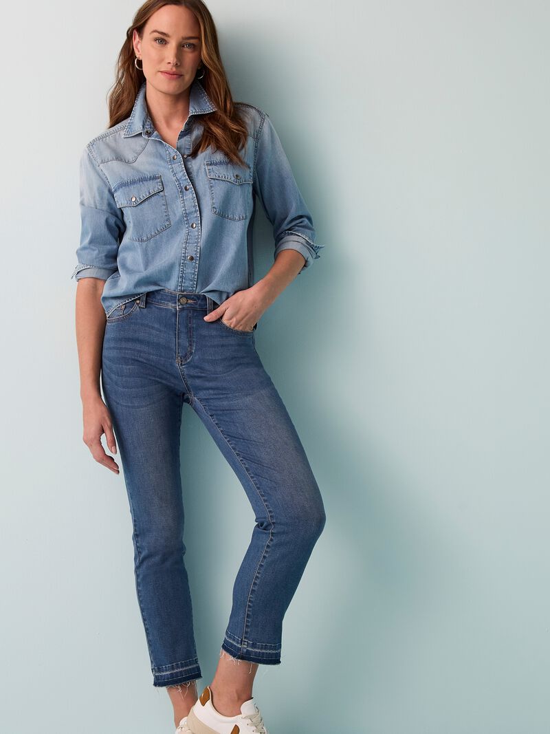 Woman Wears 28" Released Hem Daytrip Straight Jeans image number 0