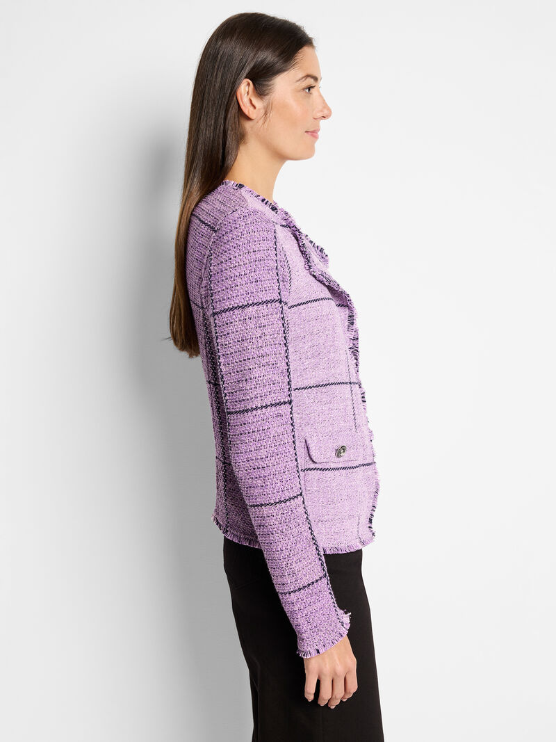 Woman Wears Femme Plaid Fringe Mix Knit Jacket image number 2