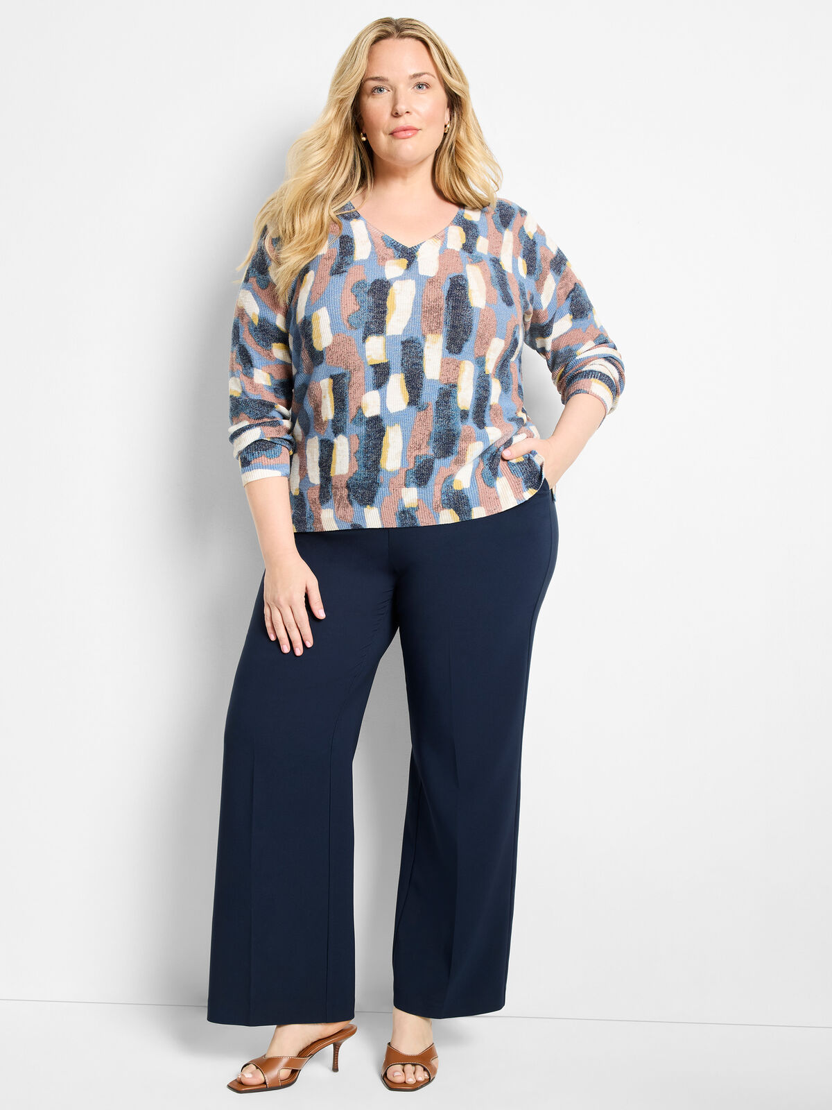 Brushstrokes Waffle V-Neck Sweater