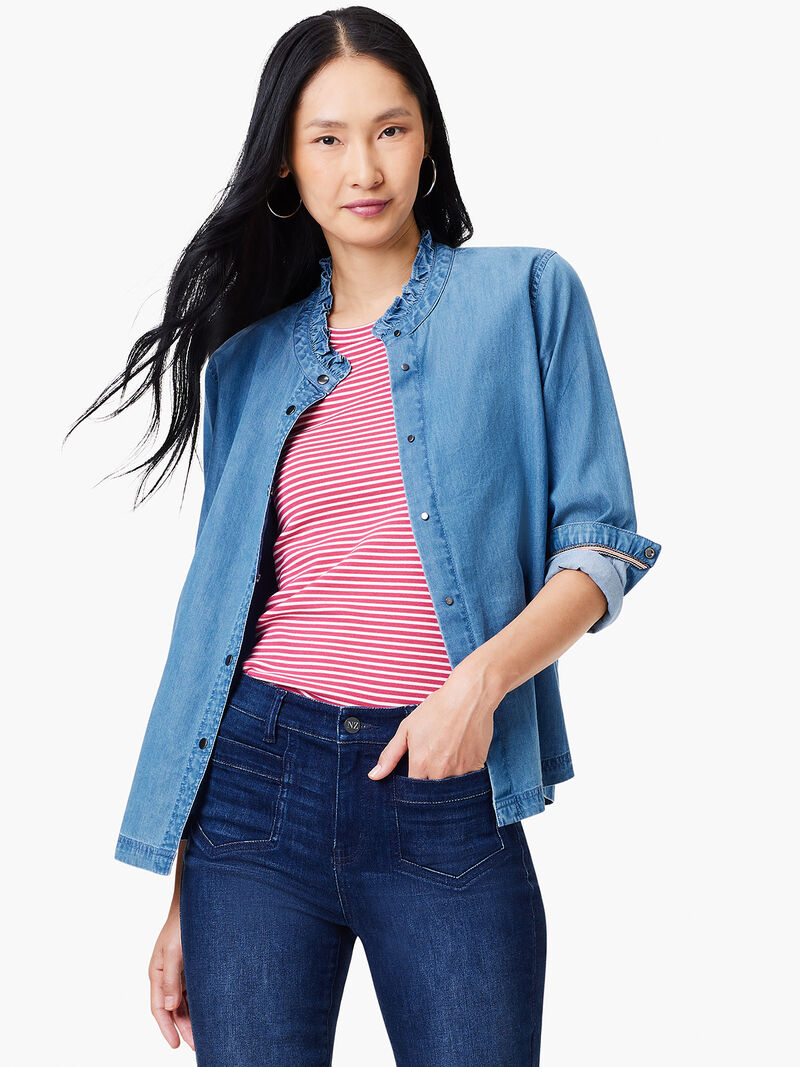 Woman Wears Ruffle Neck Denim Shirt image number 0