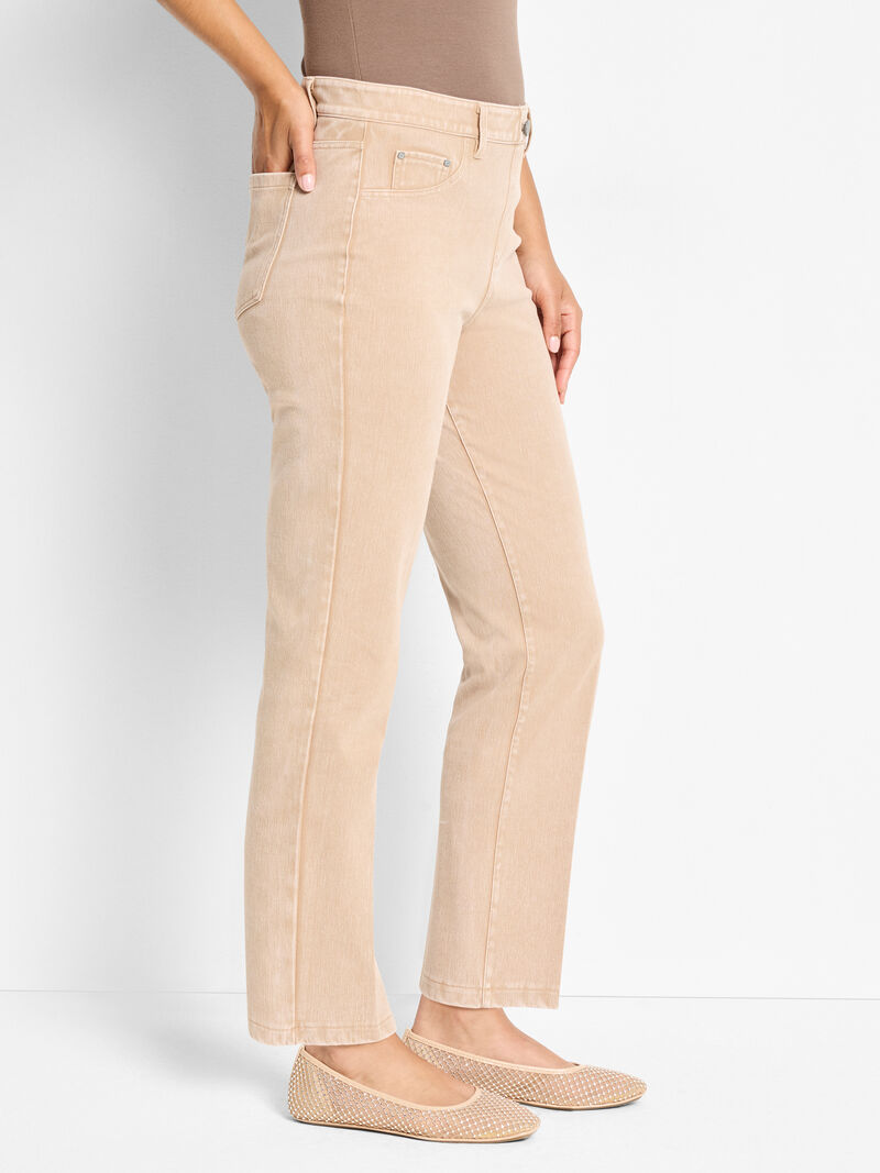 Woman Wears 28" Recess Straight Knit Ankle Pull On Jeans image number 2