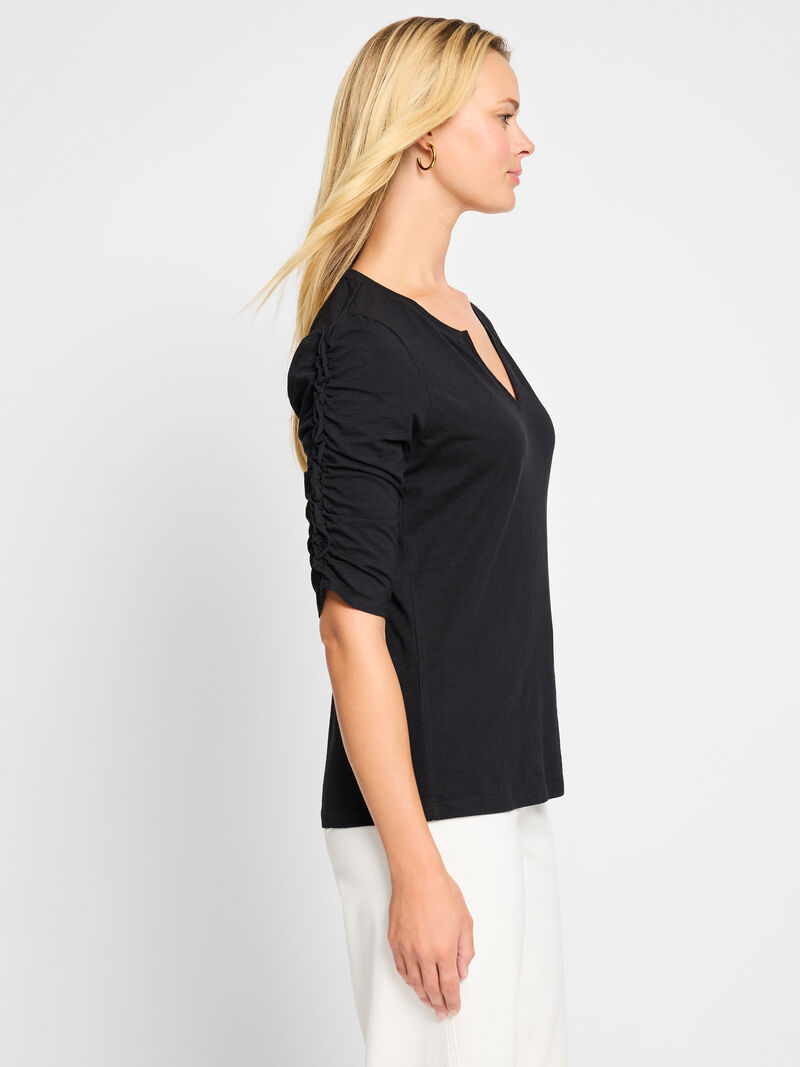 Woman Wears NZT Ruched Elbow Sleeve Split Neck Tee image number 1