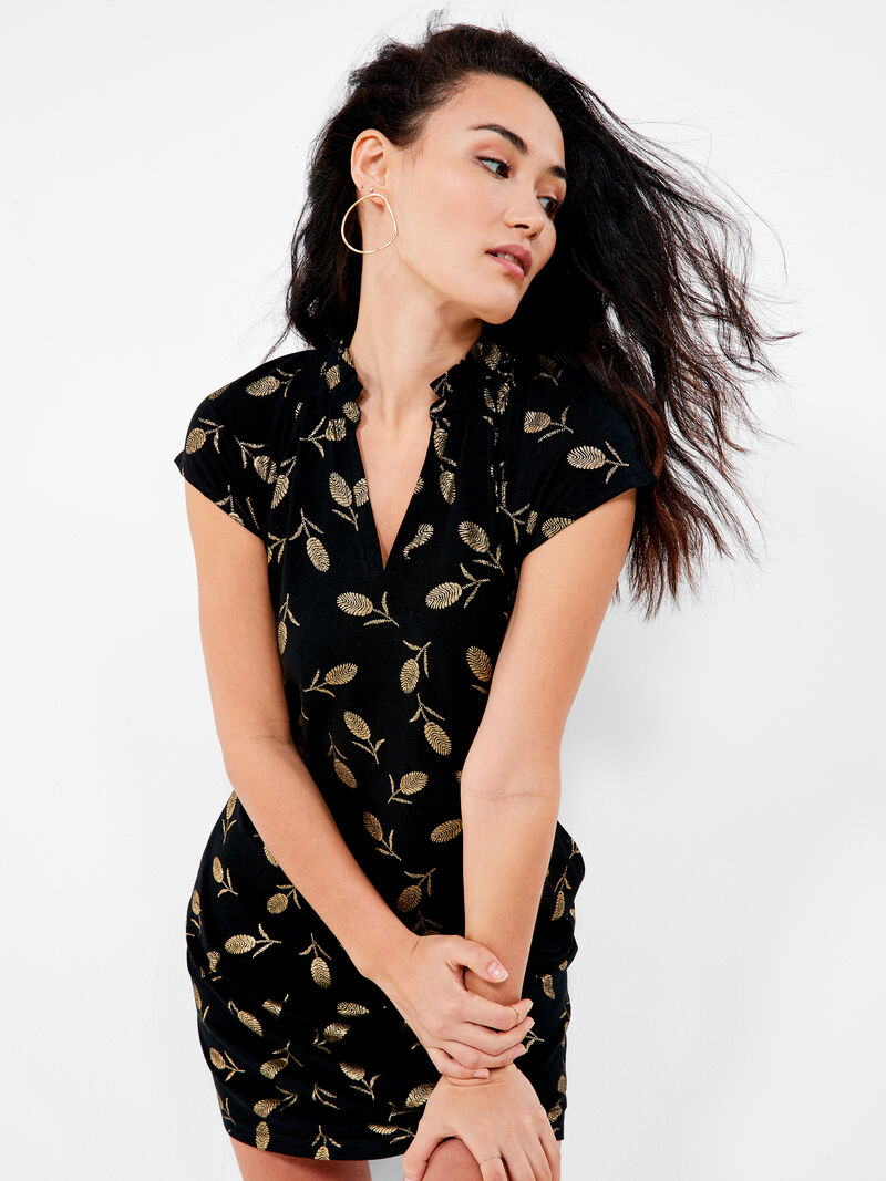 Woman Wears NZT Foil Short Sleeve Ruffle V Dress image number 5